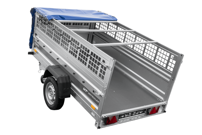 Einachsanhänger 230×125 UNITRAILER FORCE 230 KIPP mit Gitterseitenwänden, H-0-Rahmen und blauer Plane-Neu