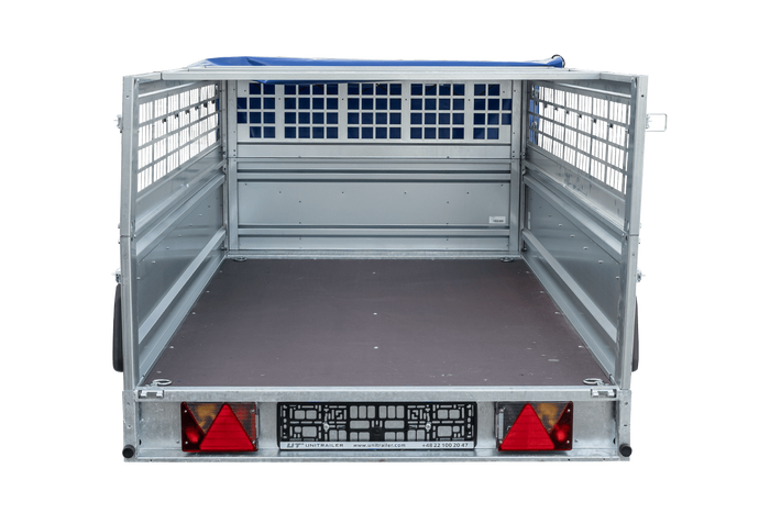 Einachsanhänger 230×125 UNITRAILER FORCE 230 KIPP mit Gitterseitenwänden, H-0-Rahmen und blauer Plane-Neu