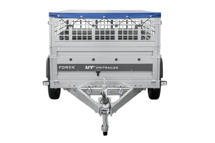 Einachsanhänger 230×125 UNITRAILER FORCE 230 KIPP mit Gitterseitenwänden, H-0-Rahmen und blauer Plane-Neu