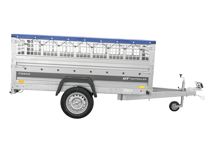 Einachsanhänger 230×125 UNITRAILER FORCE 230 KIPP mit Gitterseitenwänden, H-0-Rahmen und blauer Plane-Neu