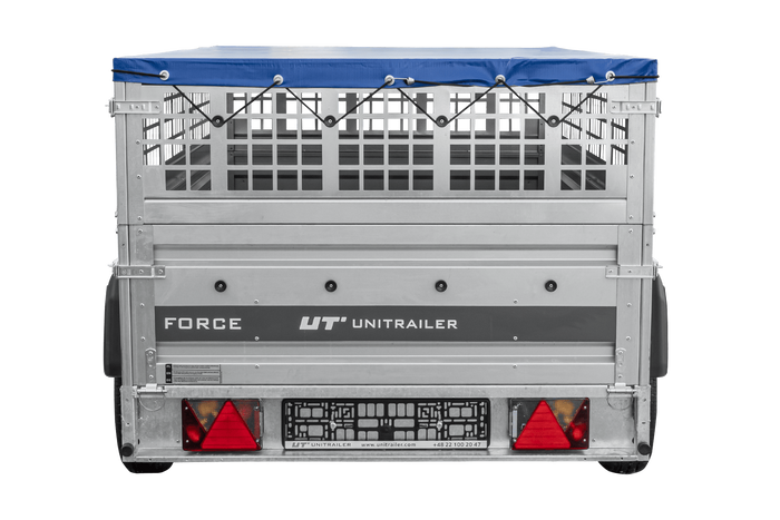 Einachsanhänger 230×125 UNITRAILER FORCE 230 KIPP mit Gitterseitenwänden, H-0-Rahmen und blauer Plane-Neu