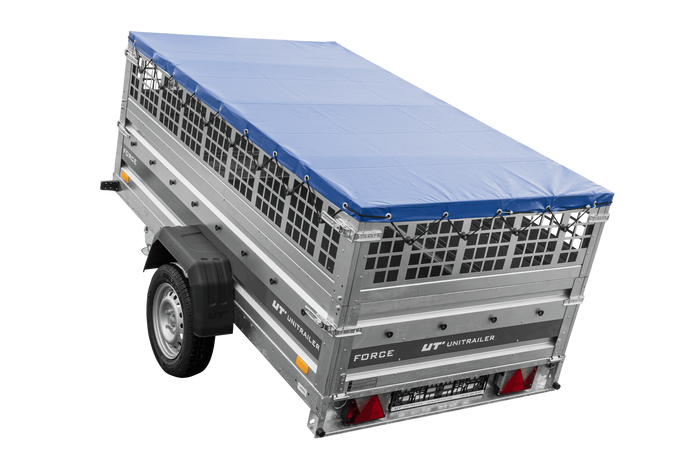 Einachsanhänger 230×125 UNITRAILER FORCE 230 KIPP mit Gitterseitenwänden, H-0-Rahmen und blauer Plane-Neu