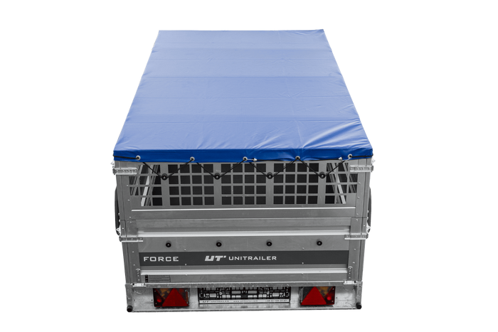 Einachsanhänger 230×125 UNITRAILER FORCE 230 KIPP mit Gitterseitenwänden, H-0-Rahmen und blauer Plane-Neu