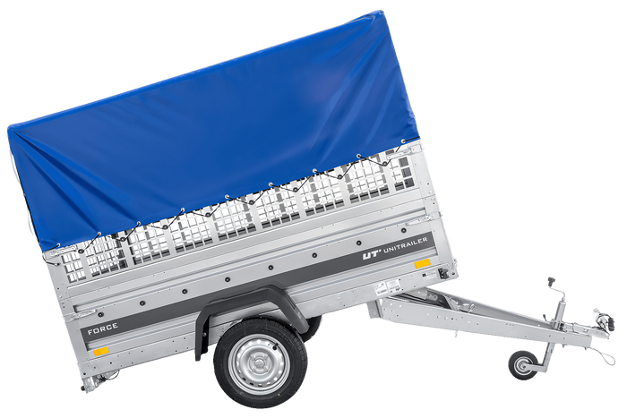 Einachsanhänger 230×125 UNITRAILER FORCE 230 KIPP mit Gitterseitenwänden, H-0-Rahmen und blauer Plane-Neu