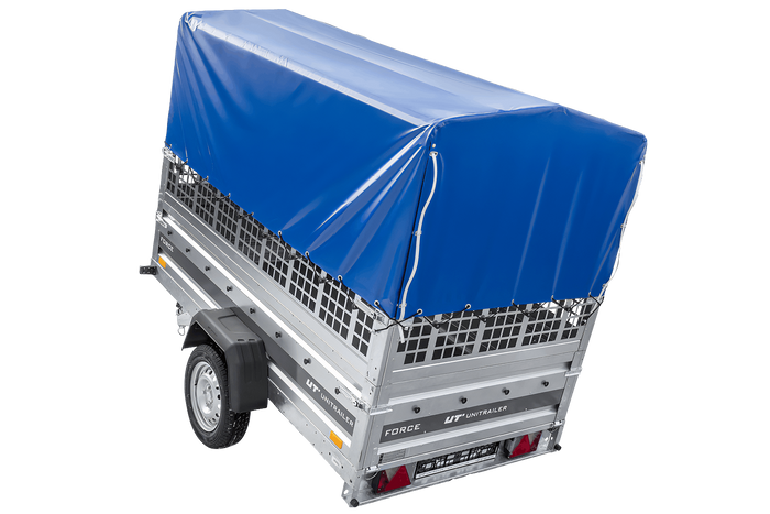 Einachsanhänger 230×125 UNITRAILER FORCE 230 KIPP mit Gitterseitenwänden, H-0-Rahmen und blauer Plane-Neu