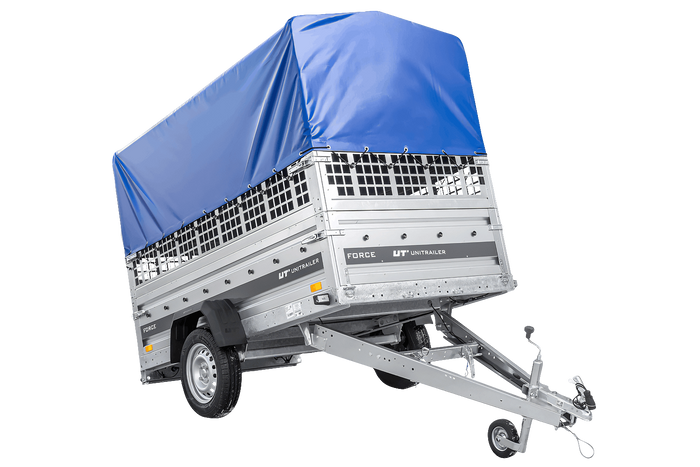 Einachsanhänger 230×125 UNITRAILER FORCE 230 KIPP mit Gitterseitenwänden, H-0-Rahmen und blauer Plane-Neu