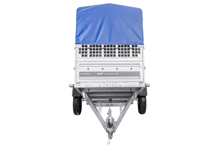 Einachsanhänger 230×125 UNITRAILER FORCE 230 KIPP mit Gitterseitenwänden, H-0-Rahmen und blauer Plane-Neu