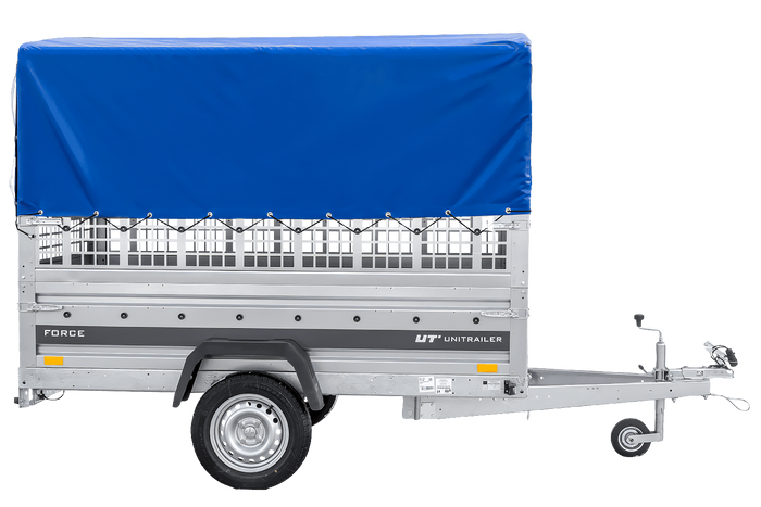 Einachsanhänger 230×125 UNITRAILER FORCE 230 KIPP mit Gitterseitenwänden, H-0-Rahmen und blauer Plane-Neu