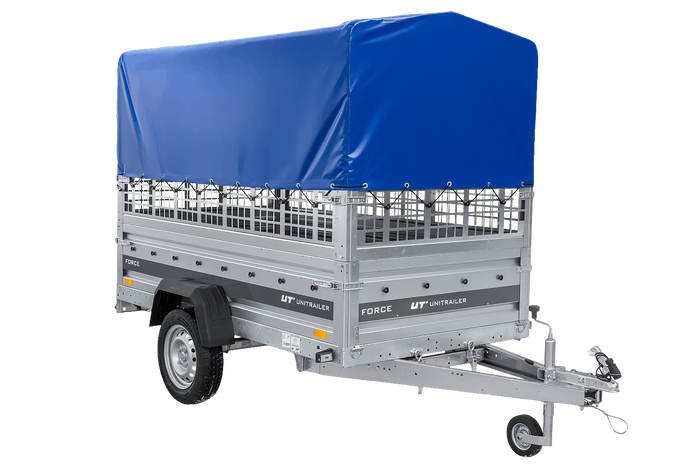 Einachsanhänger 230×125 UNITRAILER FORCE 230 KIPP mit Gitterseitenwänden, H-0-Rahmen und blauer Plane-Neu