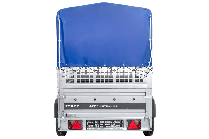 Einachsanhänger 230×125 UNITRAILER FORCE 230 KIPP mit Gitterseitenwänden, H-0-Rahmen und blauer Plane-Neu