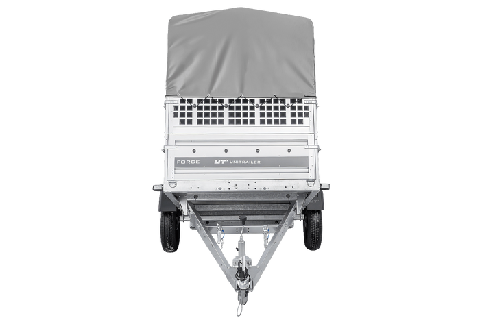 Einachsanhänger 230×125 UNITRAILER FORCE 230 KIPP mit Gitterseitenwänden, H-800 Rahmen und grauer Plane-Neu