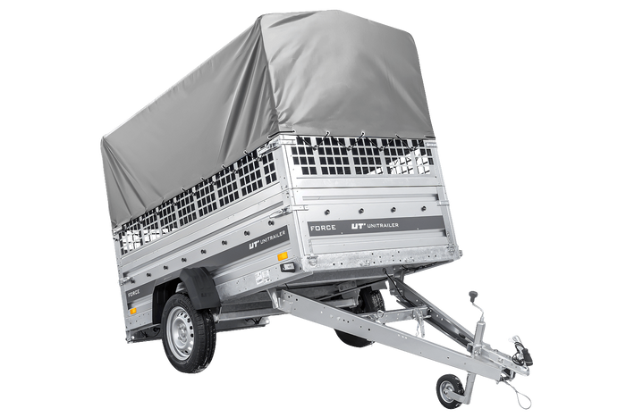 Einachsanhänger 230×125 UNITRAILER FORCE 230 KIPP mit Gitterseitenwänden, H-800 Rahmen und grauer Plane-Neu