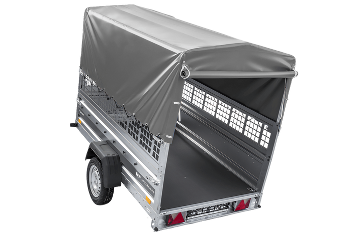 Einachsanhänger 230×125 UNITRAILER FORCE 230 KIPP mit Gitterseitenwänden, H-800 Rahmen und grauer Plane-Neu