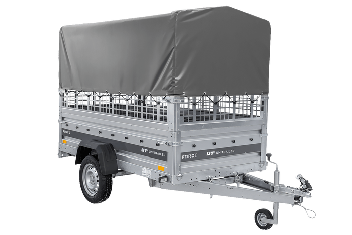 Einachsanhänger 230×125 UNITRAILER FORCE 230 KIPP mit Gitterseitenwänden, H-800 Rahmen und grauer Plane-Neu