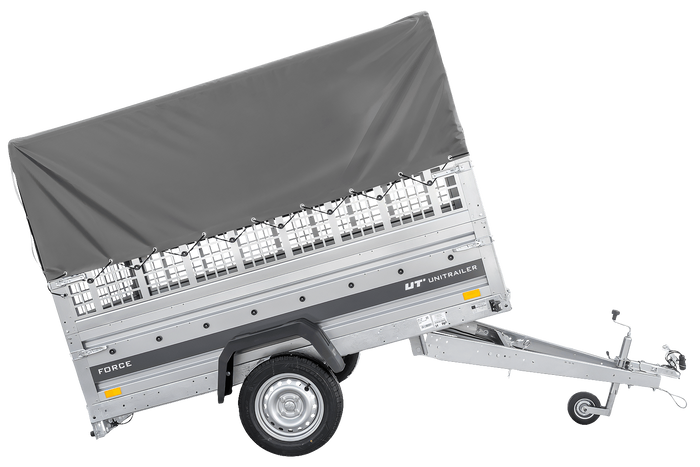 Einachsanhänger 230×125 UNITRAILER FORCE 230 KIPP mit Gitterseitenwänden, H-800 Rahmen und grauer Plane-Neu