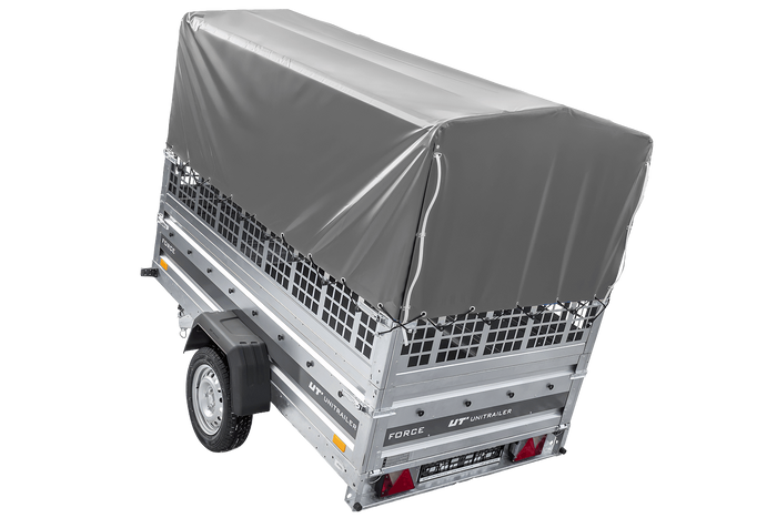 Einachsanhänger 230×125 UNITRAILER FORCE 230 KIPP mit Gitterseitenwänden, H-800 Rahmen und grauer Plane-Neu