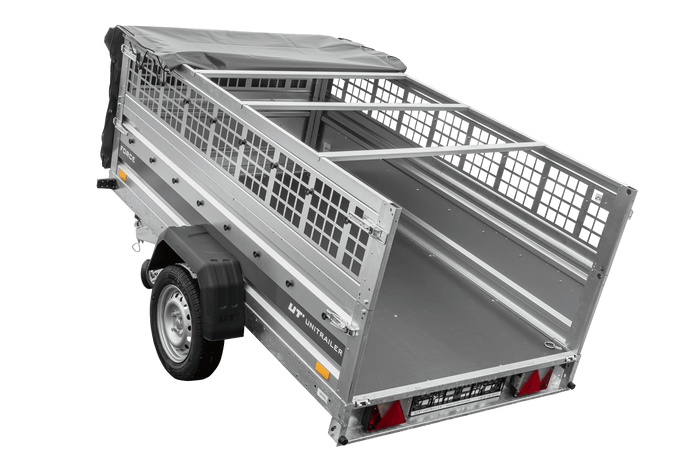 Einachsanhänger 230×125 UNITRAILER FORCE 230 KIPP mit Gitterwänden, H-0-Rahmen und grauer Plane-Neu