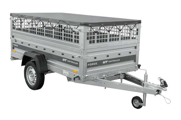Einachsanhänger 230×125 UNITRAILER FORCE 230 KIPP mit Gitterwänden, H-0-Rahmen und grauer Plane-Neu