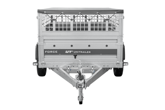 Einachsanhänger 230×125 UNITRAILER FORCE 230 KIPP mit Gitterwänden, H-0-Rahmen und grauer Plane-Neu