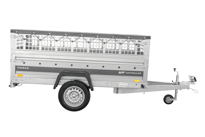 Einachsanhänger 230×125 UNITRAILER FORCE 230 KIPP mit Gitterwänden, H-0-Rahmen und grauer Plane-Neu