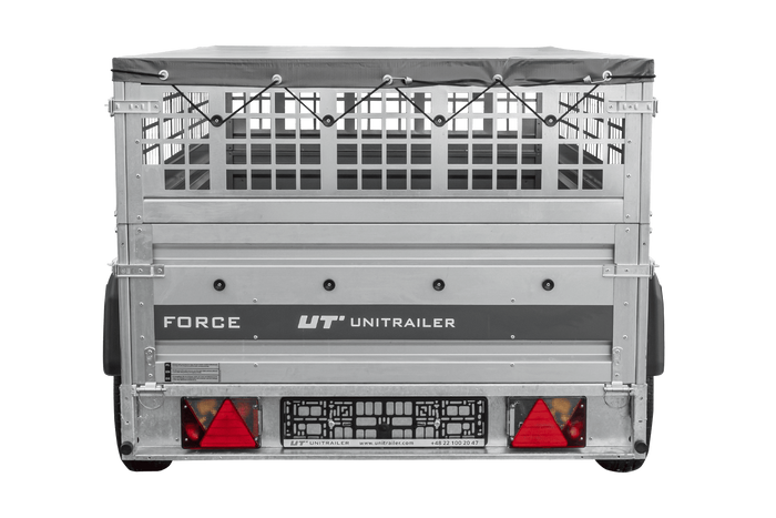 Einachsanhänger 230×125 UNITRAILER FORCE 230 KIPP mit Gitterwänden, H-0-Rahmen und grauer Plane-Neu
