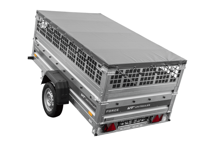 Einachsanhänger 230×125 UNITRAILER FORCE 230 KIPP mit Gitterwänden, H-0-Rahmen und grauer Plane-Neu