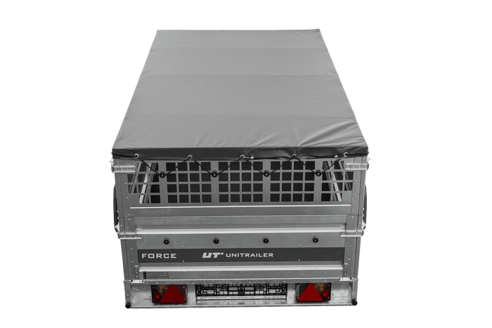 Einachsanhänger 230×125 UNITRAILER FORCE 230 KIPP mit Gitterwänden, H-0-Rahmen und grauer Plane-Neu