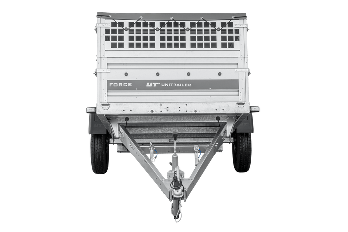 Einachsanhänger 230×125 UNITRAILER FORCE 230 KIPP mit Gitterwänden, H-0-Rahmen und grauer Plane-Neu