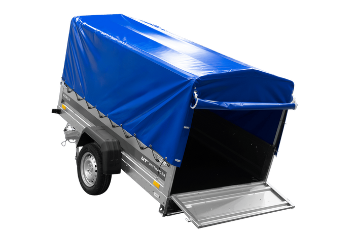Einachsanhänger 230×125 UNITRAILER FORCE 230 KIPP mit H-800 Spriegel und blauer Plane-Neu