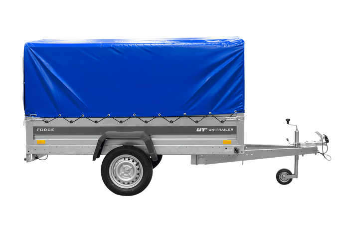 Einachsanhänger 230×125 UNITRAILER FORCE 230 KIPP mit H-800 Spriegel und blauer Plane-Neu