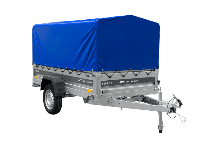 Einachsanhänger 230×125 UNITRAILER FORCE 230 KIPP mit H-800 Spriegel und blauer Plane-Neu