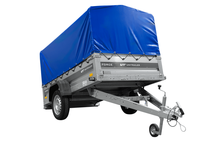 Einachsanhänger 230×125 UNITRAILER FORCE 230 KIPP mit H-800 Spriegel und blauer Plane-Neu