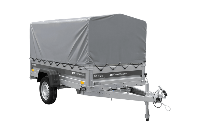 Einachsanhänger 230×125 UNITRAILER FORCE 230 KIPP mit H-800 Spriegel und grauer Hochplane-Neu
