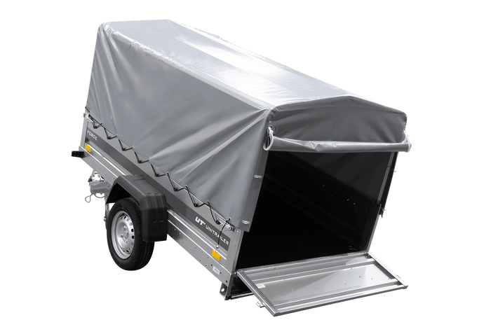 Einachsanhänger 230×125 UNITRAILER FORCE 230 KIPP mit H-800 Spriegel und grauer Hochplane-Neu