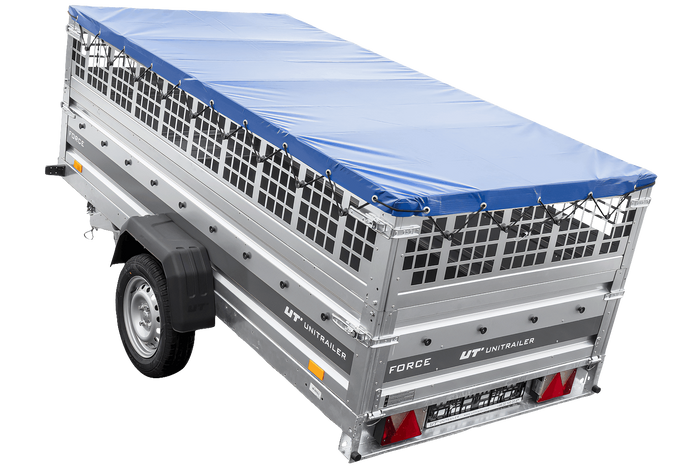 Einachsanhänger 264×125 UNITRAILER FORCE 264 KIPP mit Gitterwänden, H-0-Rahmen und blauer Plane-Neu