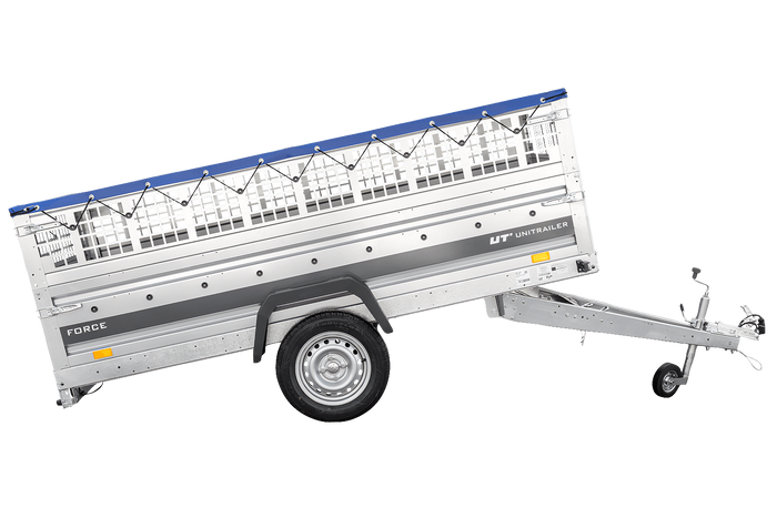 Einachsanhänger 264×125 UNITRAILER FORCE 264 KIPP mit Gitterwänden, H-0-Rahmen und blauer Plane-Neu
