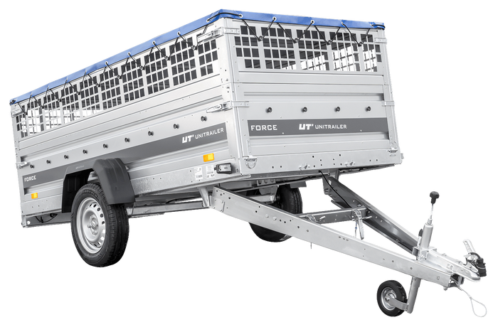 Einachsanhänger 264×125 UNITRAILER FORCE 264 KIPP mit Gitterwänden, H-0-Rahmen und blauer Plane-Neu