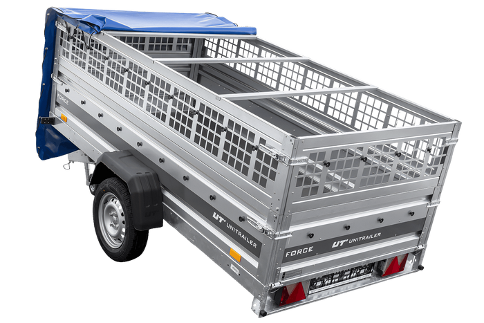 Einachsanhänger 264×125 UNITRAILER FORCE 264 KIPP mit Gitterwänden, H-0-Rahmen und blauer Plane-Neu