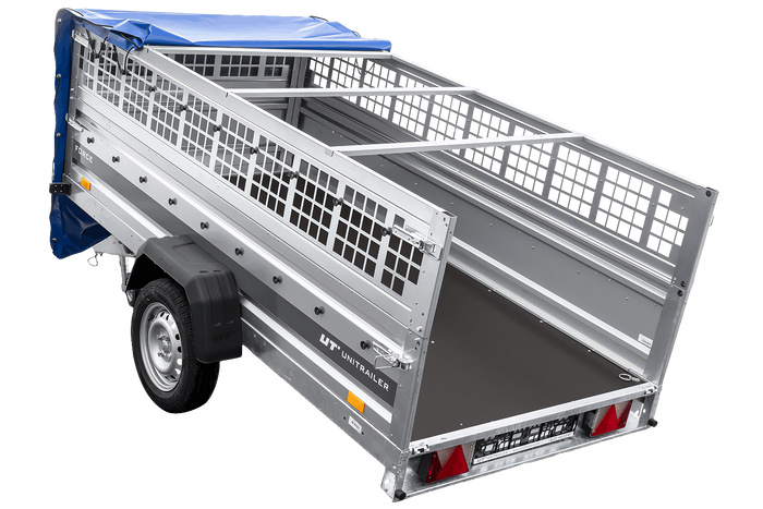 Einachsanhänger 264×125 UNITRAILER FORCE 264 KIPP mit Gitterwänden, H-0-Rahmen und blauer Plane-Neu