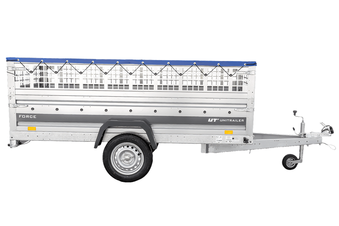 Einachsanhänger 264×125 UNITRAILER FORCE 264 KIPP mit Gitterwänden, H-0-Rahmen und blauer Plane-Neu