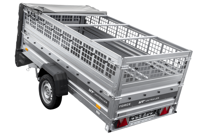Einachsanhänger 264×125 UNITRAILER FORCE 264 KIPP mit Gitterwänden, H-0-Rahmen und grauer Plane-Neu