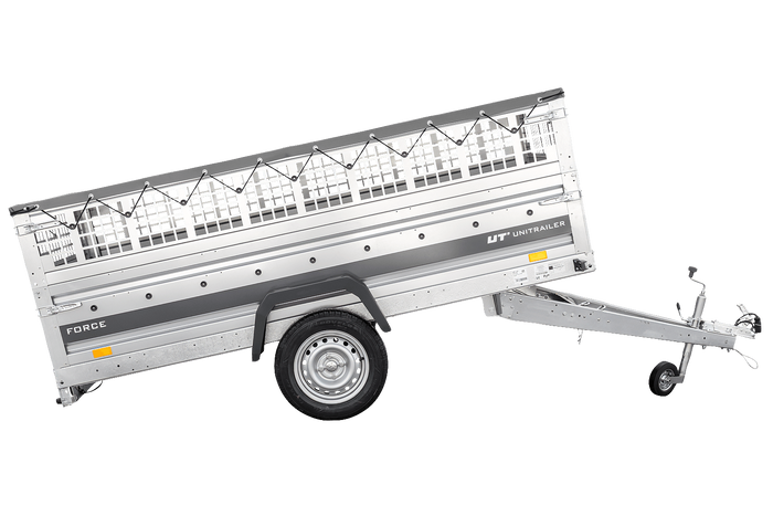 Einachsanhänger 264×125 UNITRAILER FORCE 264 KIPP mit Gitterwänden, H-0-Rahmen und grauer Plane-Neu