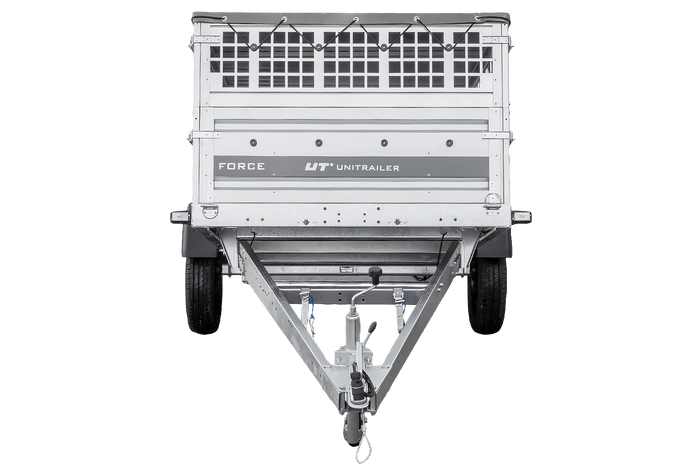 Einachsanhänger 264×125 UNITRAILER FORCE 264 KIPP mit Gitterwänden, H-0-Rahmen und grauer Plane-Neu
