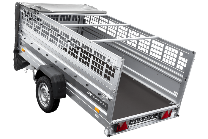 Einachsanhänger 264×125 UNITRAILER FORCE 264 KIPP mit Gitterwänden, H-0-Rahmen und grauer Plane-Neu