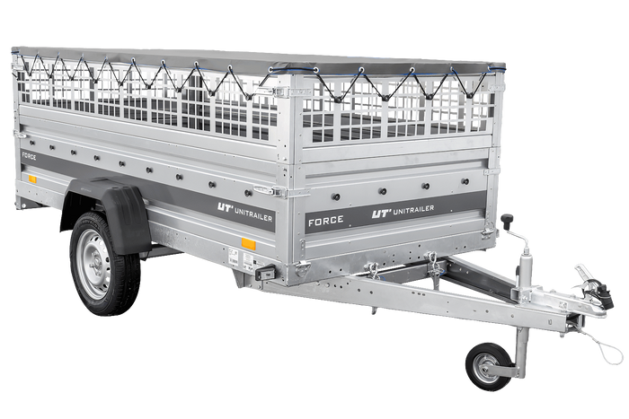 Einachsanhänger 264×125 UNITRAILER FORCE 264 KIPP mit Gitterwänden, H-0-Rahmen und grauer Plane-Neu
