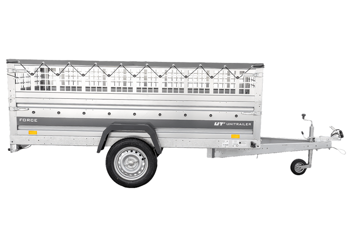 Einachsanhänger 264×125 UNITRAILER FORCE 264 KIPP mit Gitterwänden, H-0-Rahmen und grauer Plane-Neu
