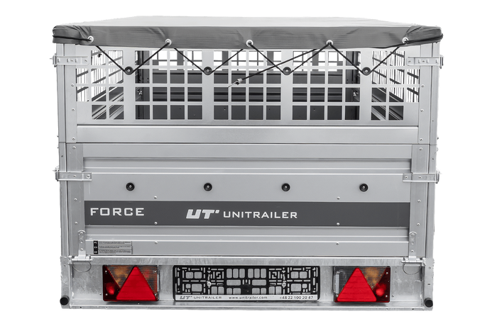 Einachsanhänger 264×125 UNITRAILER FORCE 264 KIPP mit Gitterwänden, H-0-Rahmen und grauer Plane-Neu