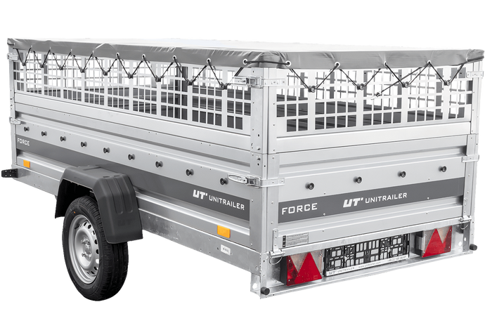 Einachsanhänger 264×125 UNITRAILER FORCE 264 KIPP mit Gitterwänden, H-0-Rahmen und grauer Plane-Neu