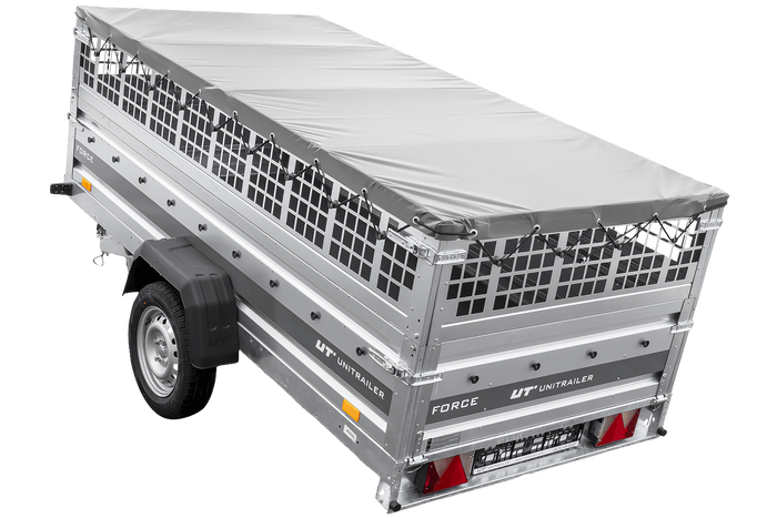 Einachsanhänger 264×125 UNITRAILER FORCE 264 KIPP mit Gitterwänden, H-0-Rahmen und grauer Plane-Neu