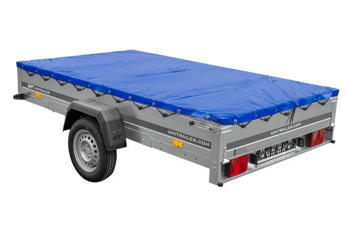 Einachsanhänger 264×150 UNITRAILER GARDEN 265 KIPP mit einem Flachplanenträger und blauer Plane-Neu